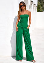 PRETTYGARDEN Summer Sets Women 2 Piece Outfits Asymmetrical Tube Tops and Pants Beach Vacation Airport Matching Lounge Set