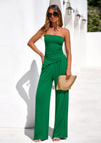 PRETTYGARDEN Summer Sets Women 2 Piece Outfits Asymmetrical Tube Tops and Pants Beach Vacation Airport Matching Lounge Set