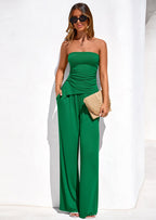 PRETTYGARDEN Summer Sets Women 2 Piece Outfits Asymmetrical Tube Tops and Pants Beach Vacation Airport Matching Lounge Set
