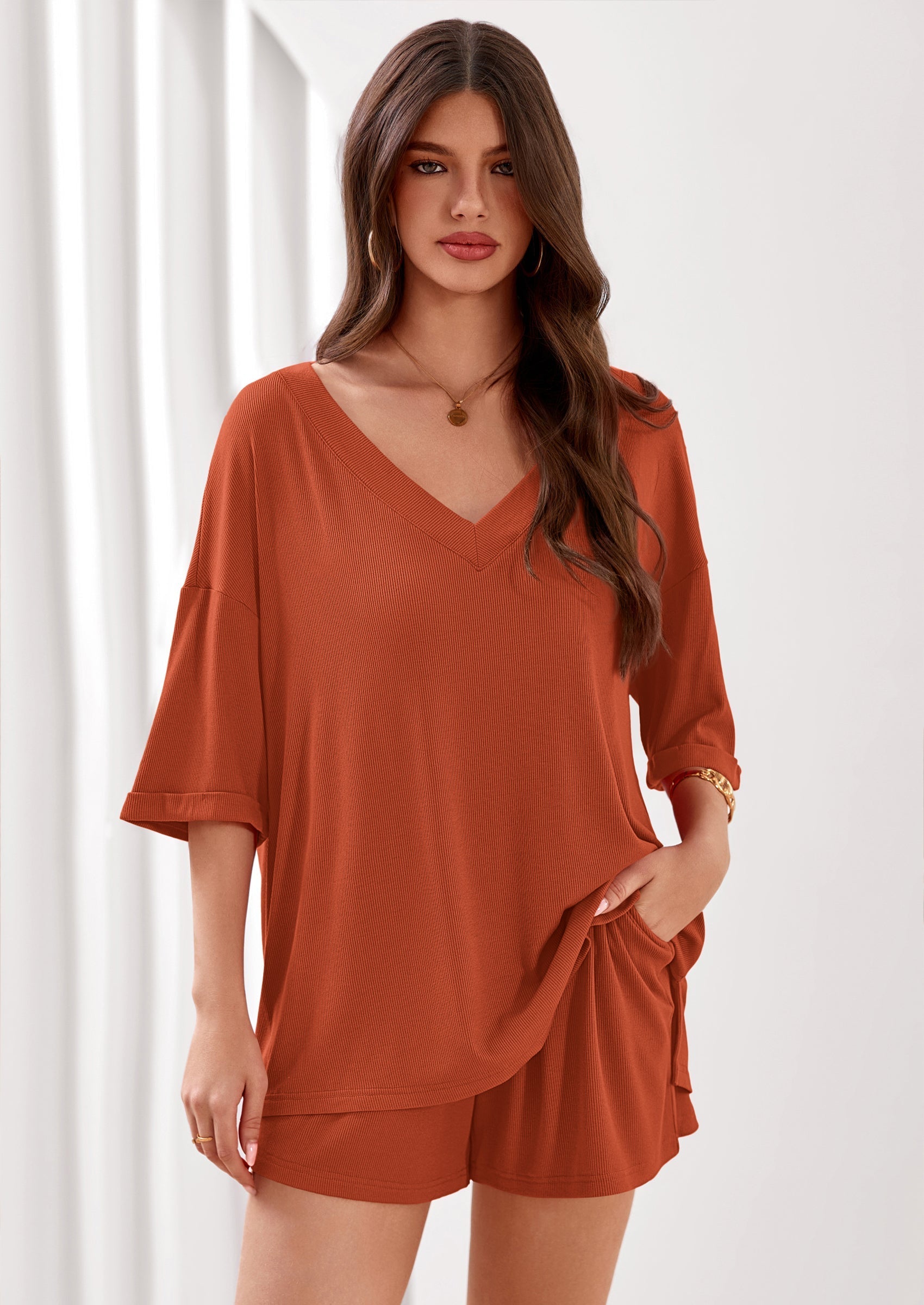 PRETTYGARDEN Womens 2 Piece Sets Oversized Vneck Half Sleeve Tops Shorts Lounge Set Casual Summer Travel Beach Outfits