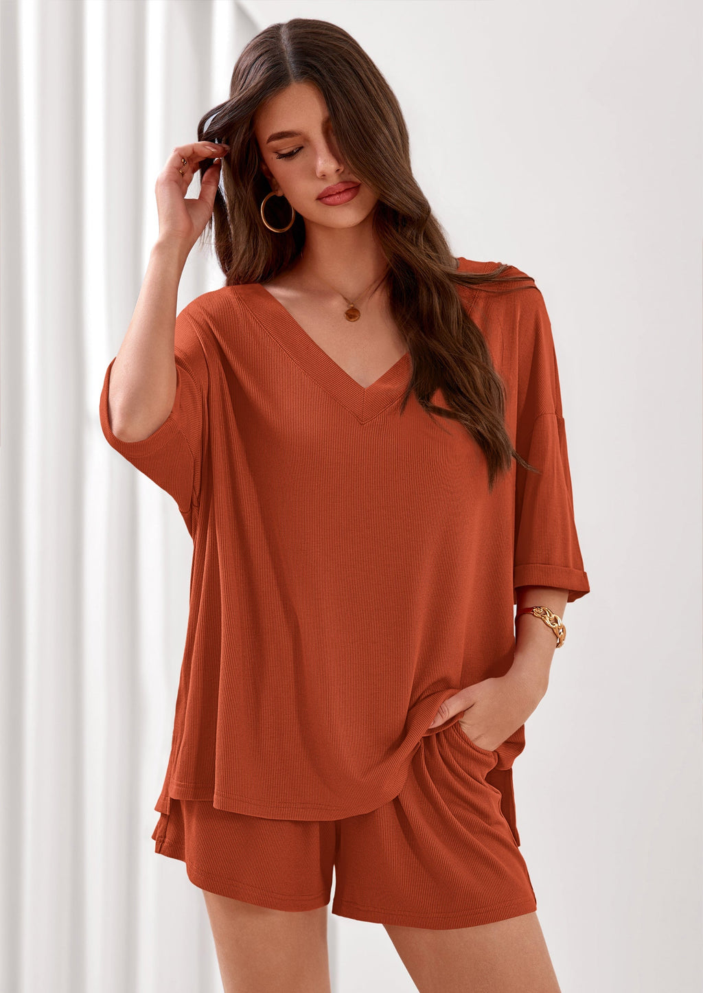 PRETTYGARDEN Womens 2 Piece Sets Oversized Vneck Half Sleeve Tops Shorts Lounge Set Casual Summer Travel Beach Outfits