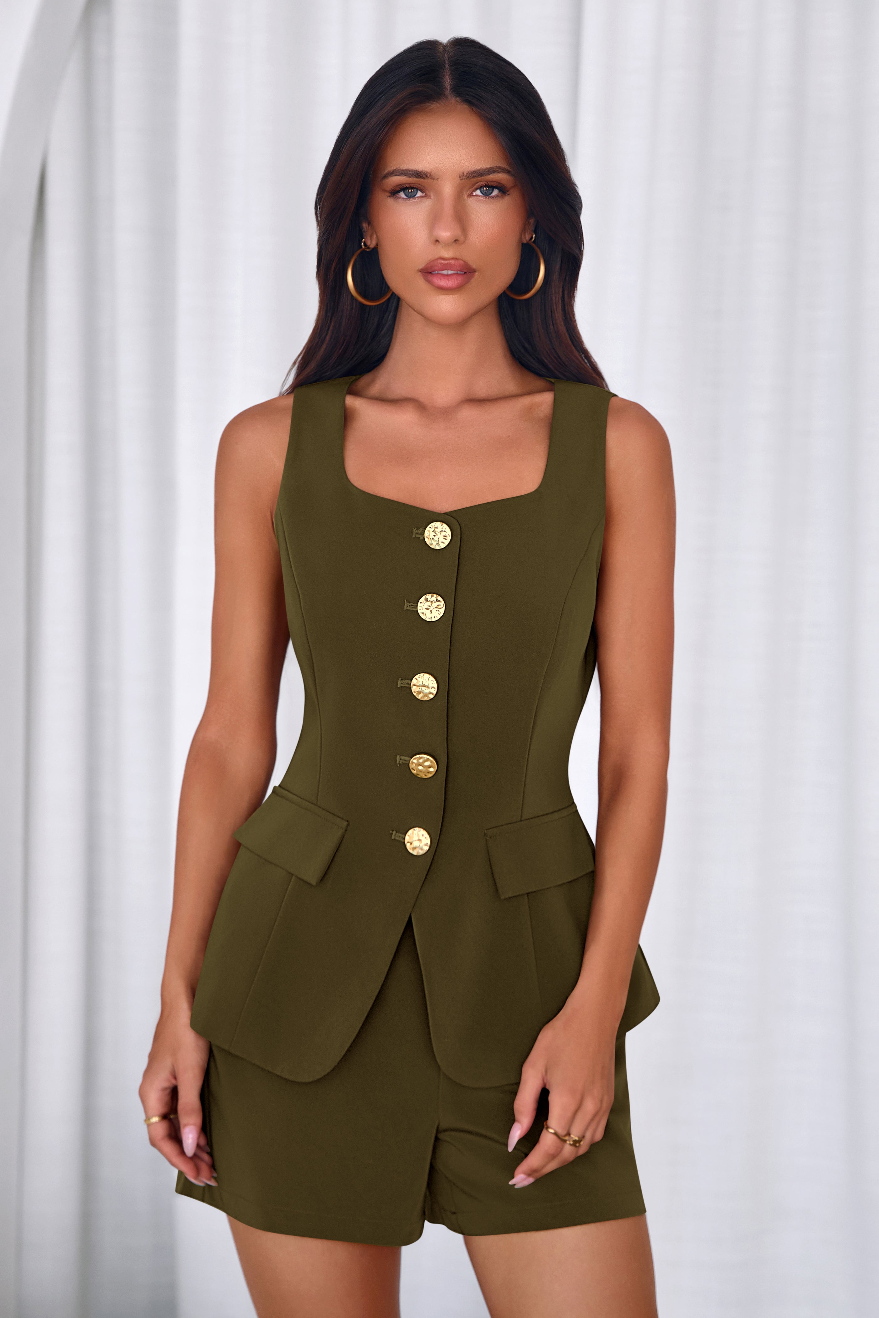 PRETTYGARDEN Womens 2 Piece Matching Sets Fashion Button Down Suit Vest Tops Shorts Set Spring Business Casual Outfits