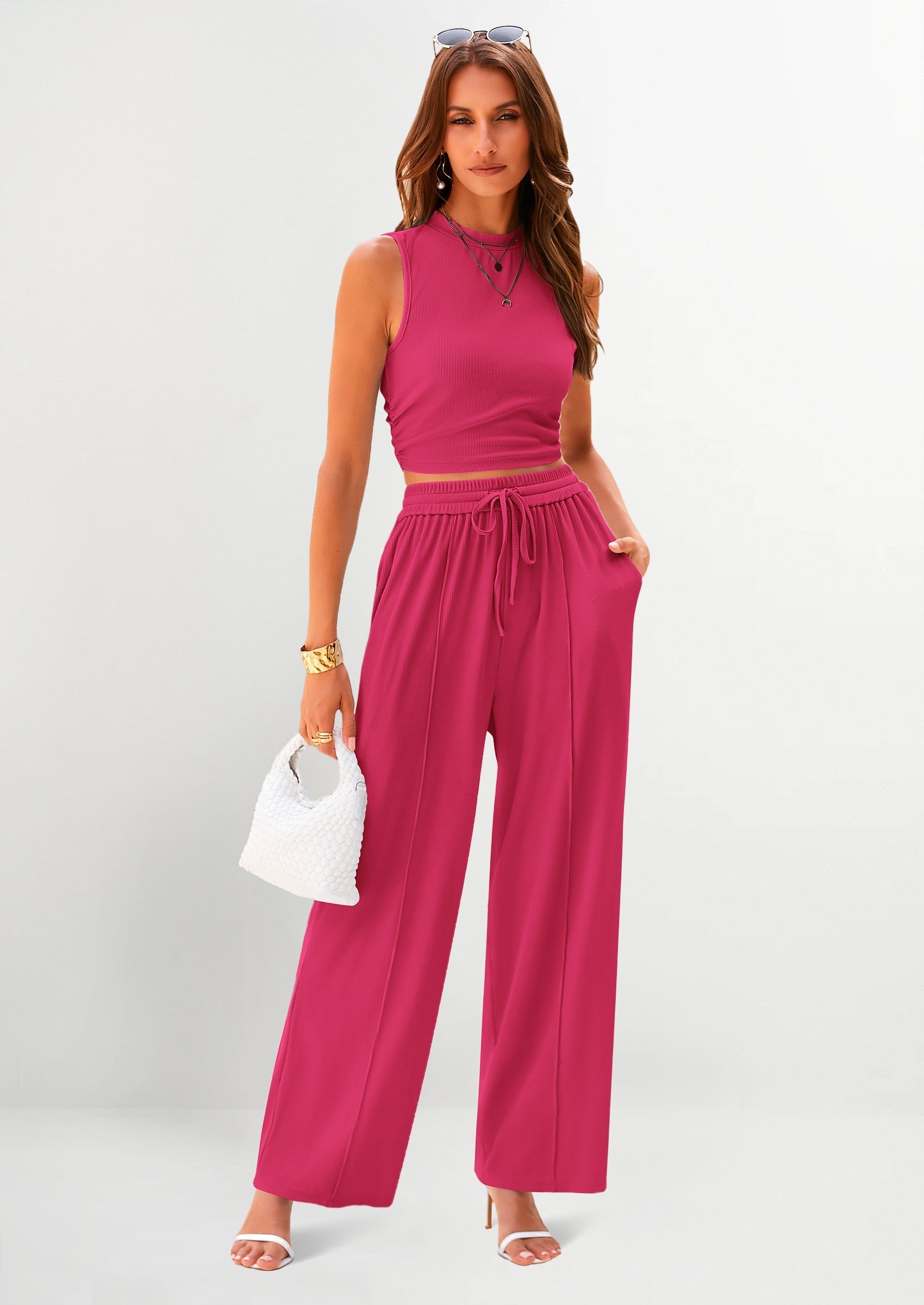 PRETTYGARDEN 2 Piece Sets Sleeveless Tank Ribbed Travel Vacation Lounge Wear Outfits