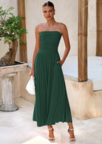 BTFBM Summer Maxi Dresses for Women Strapless Ruched Tube Top Beach Vacation Spring Wedding Guest Dress Pockets