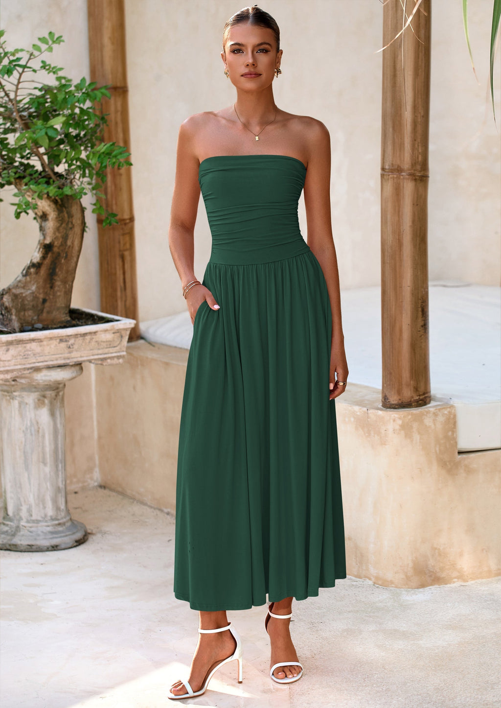 BTFBM Summer Maxi Dresses for Women Strapless Ruched Tube Top Beach Vacation Spring Wedding Guest Dress Pockets