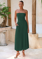 BTFBM Summer Maxi Dresses for Women Strapless Ruched Tube Top Beach Vacation Spring Wedding Guest Dress Pockets