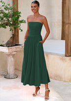 BTFBM Summer Maxi Dresses for Women Strapless Ruched Tube Top Beach Vacation Spring Wedding Guest Dress Pockets