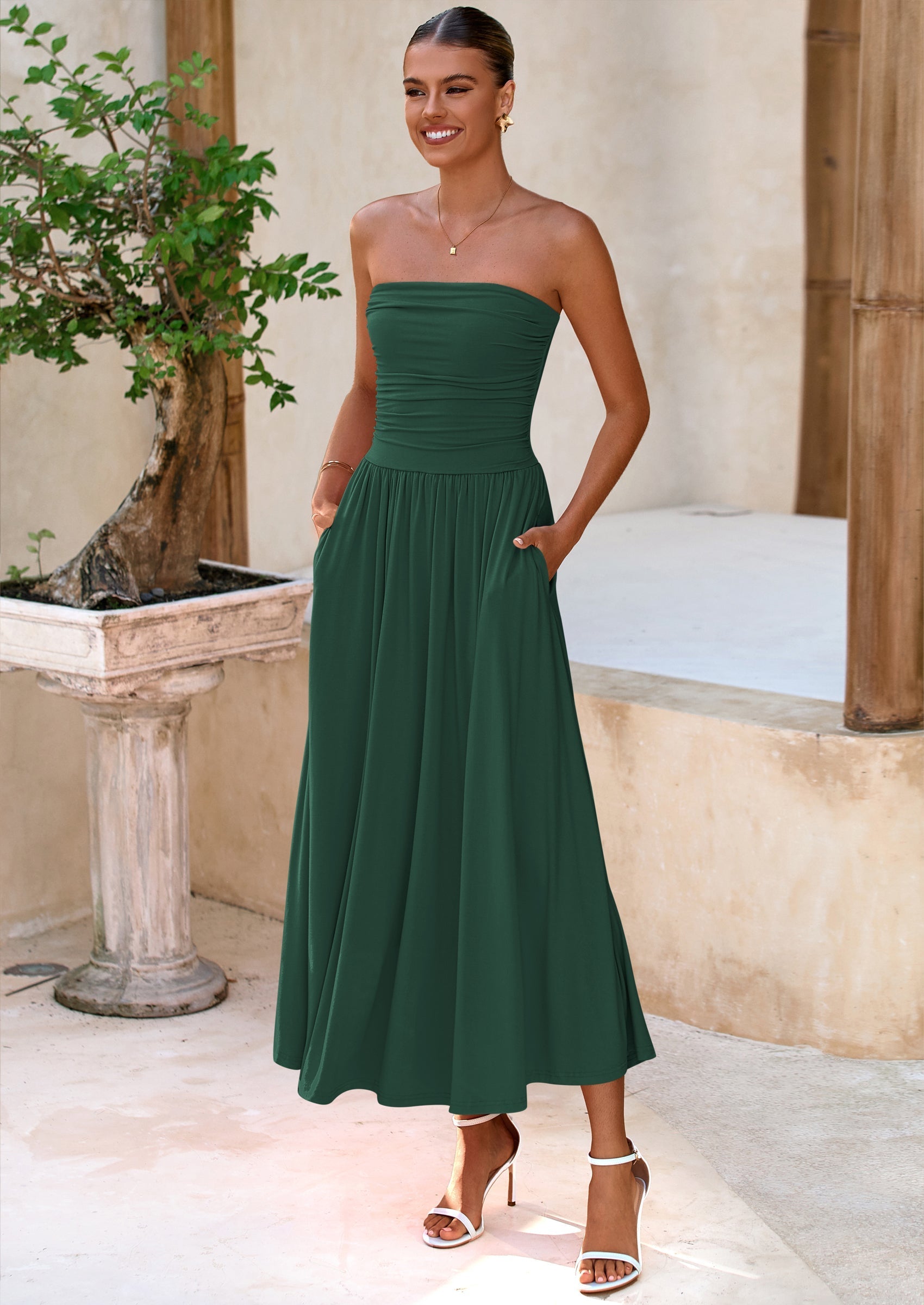 BTFBM Summer Maxi Dresses for Women Strapless Ruched Tube Top Beach Vacation Spring Wedding Guest Dress Pockets