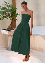 BTFBM Summer Maxi Dresses for Women Strapless Ruched Tube Top Beach Vacation Spring Wedding Guest Dress Pockets