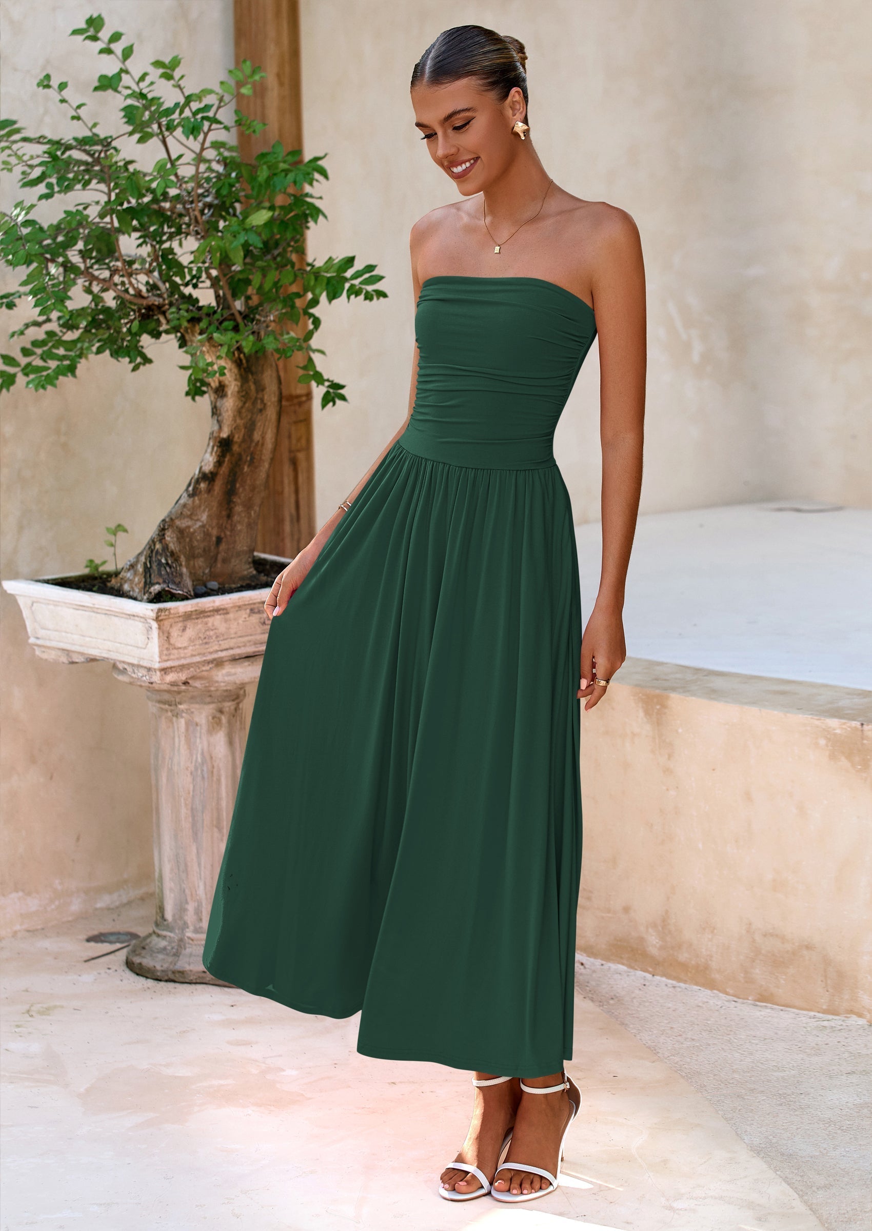 BTFBM Summer Maxi Dresses for Women Strapless Ruched Tube Top Beach Vacation Spring Wedding Guest Dress Pockets