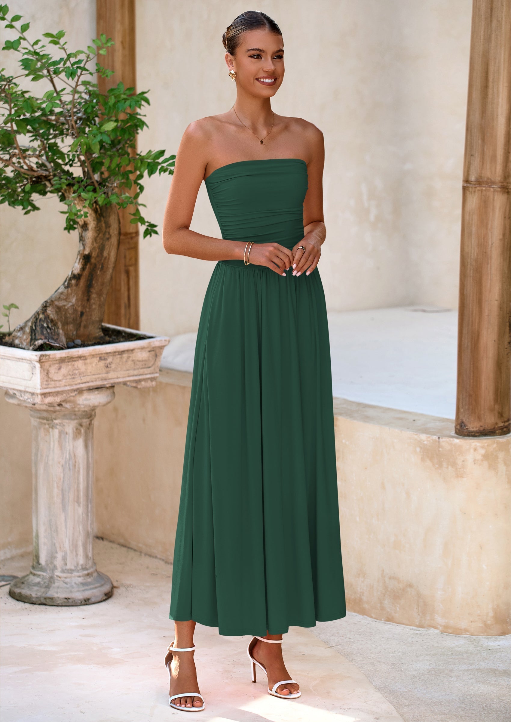 BTFBM Summer Maxi Dresses for Women Strapless Ruched Tube Top Beach Vacation Spring Wedding Guest Dress Pockets