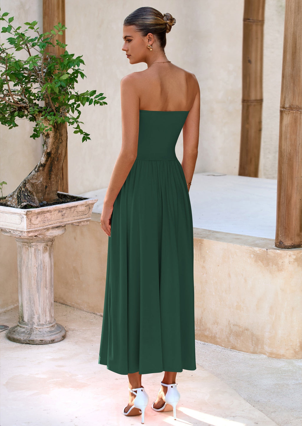 BTFBM Summer Maxi Dresses for Women Strapless Ruched Tube Top Beach Vacation Spring Wedding Guest Dress Pockets