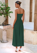 BTFBM Summer Maxi Dresses for Women Strapless Ruched Tube Top Beach Vacation Spring Wedding Guest Dress Pockets