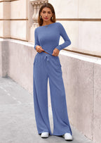 PRETTYGARDEN Women's 2 Piece Lounge Sets Fall Fashion Long Sleeve Crop Top Wide Leg Pants Matching Sets Clothing