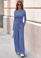 PRETTYGARDEN Women's 2 Piece Lounge Sets Fall Fashion Long Sleeve Crop Top Wide Leg Pants Matching Sets Clothing