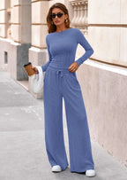 PRETTYGARDEN Women's 2 Piece Lounge Sets Fall Fashion Long Sleeve Crop Top Wide Leg Pants Matching Sets Clothing