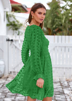 BTFBM Spring Dresses for Women 2026 Long Sleeve Casual V Neck Swiss Dot Smocked Ruffle Chiffon Flowy Mini Summer Dress