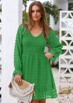 BTFBM Spring Dresses for Women 2026 Long Sleeve Casual V Neck Swiss Dot Smocked Ruffle Chiffon Flowy Mini Summer Dress