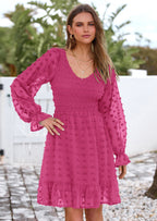 BTFBM Spring Dresses for Women 2026 Long Sleeve Casual V Neck Swiss Dot Smocked Ruffle Chiffon Flowy Mini Summer Dress