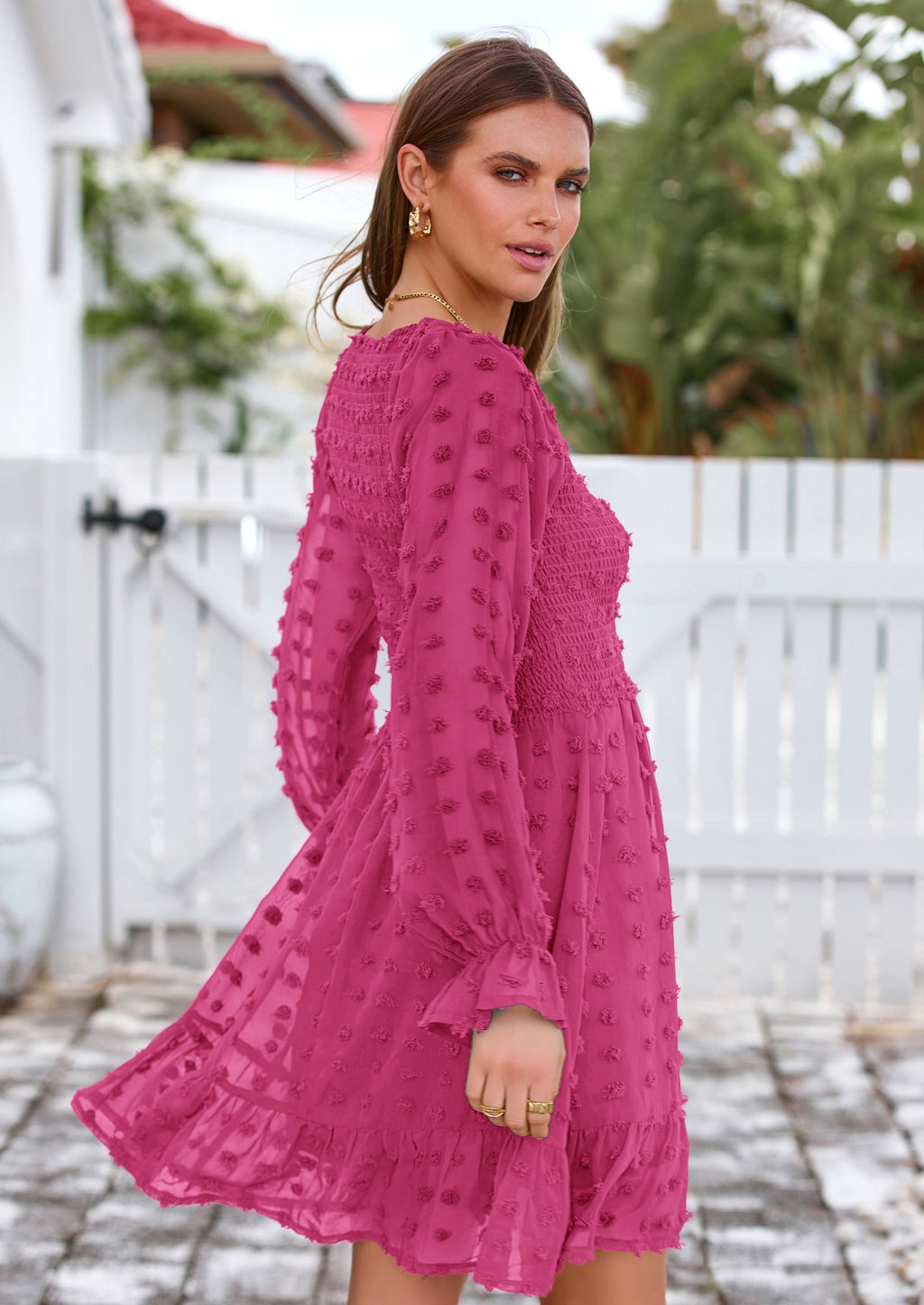 BTFBM Spring Dresses for Women 2026 Long Sleeve Casual V Neck Swiss Dot Smocked Ruffle Chiffon Flowy Mini Summer Dress