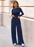 PRETTYGARDEN Women's 2 Piece Lounge Sets Fall Fashion Long Sleeve Crop Top Wide Leg Pants Matching Sets Clothing