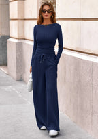 PRETTYGARDEN Women's 2 Piece Lounge Sets Fall Fashion Long Sleeve Crop Top Wide Leg Pants Matching Sets Clothing