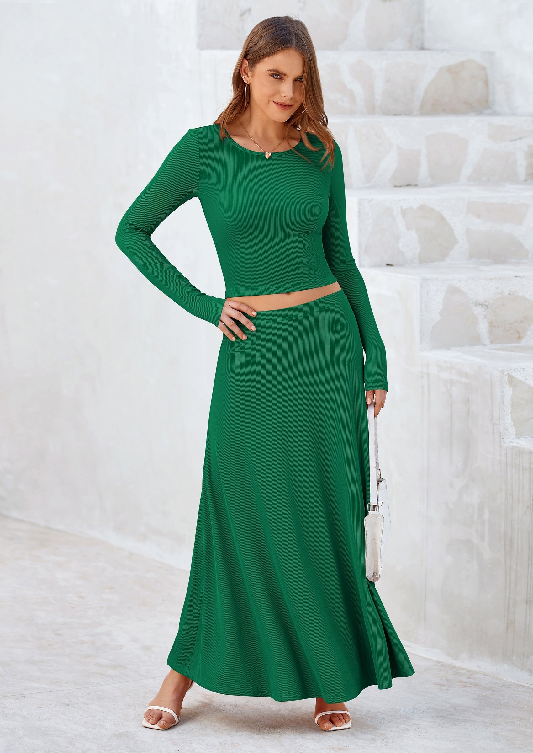 PRETTYGARDEN 2 Piece Casual Ribbed Knit Long Sleeve Crop Tops Maxi Flowy Skirts Matching Sets