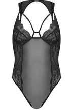 Strappy Lace Harness Detail Mesh Bodysuit in Black