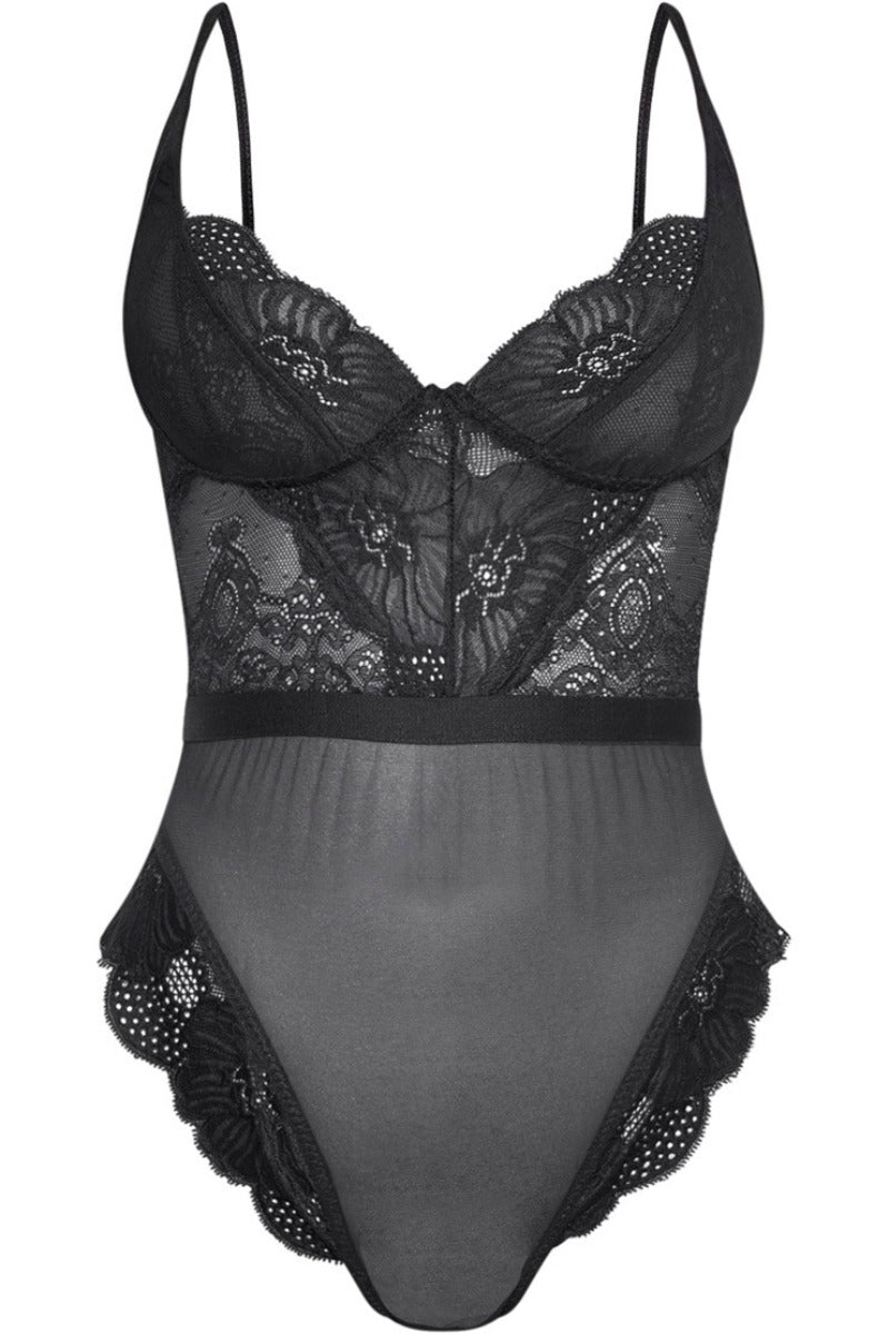 Lace Trim & Mesh Bodysuit in Black
