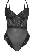 Lace Trim & Mesh Bodysuit in Black