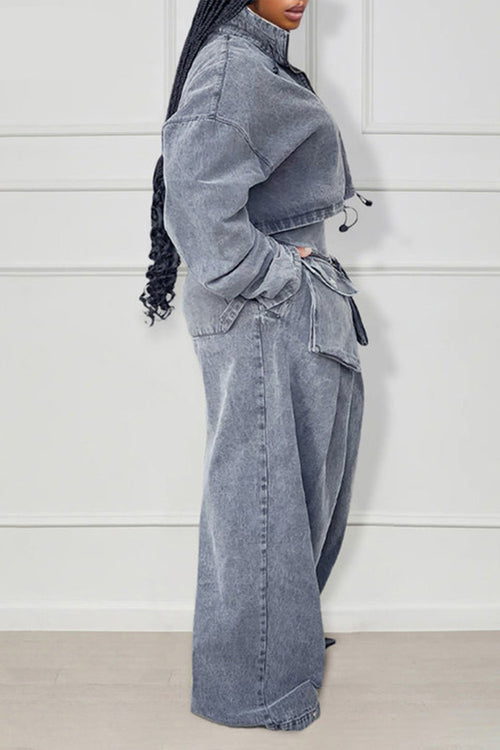 Denim Zip Long Sleeve Crop Jacket Pockets Wide Leg Pants Matching Set-Gray