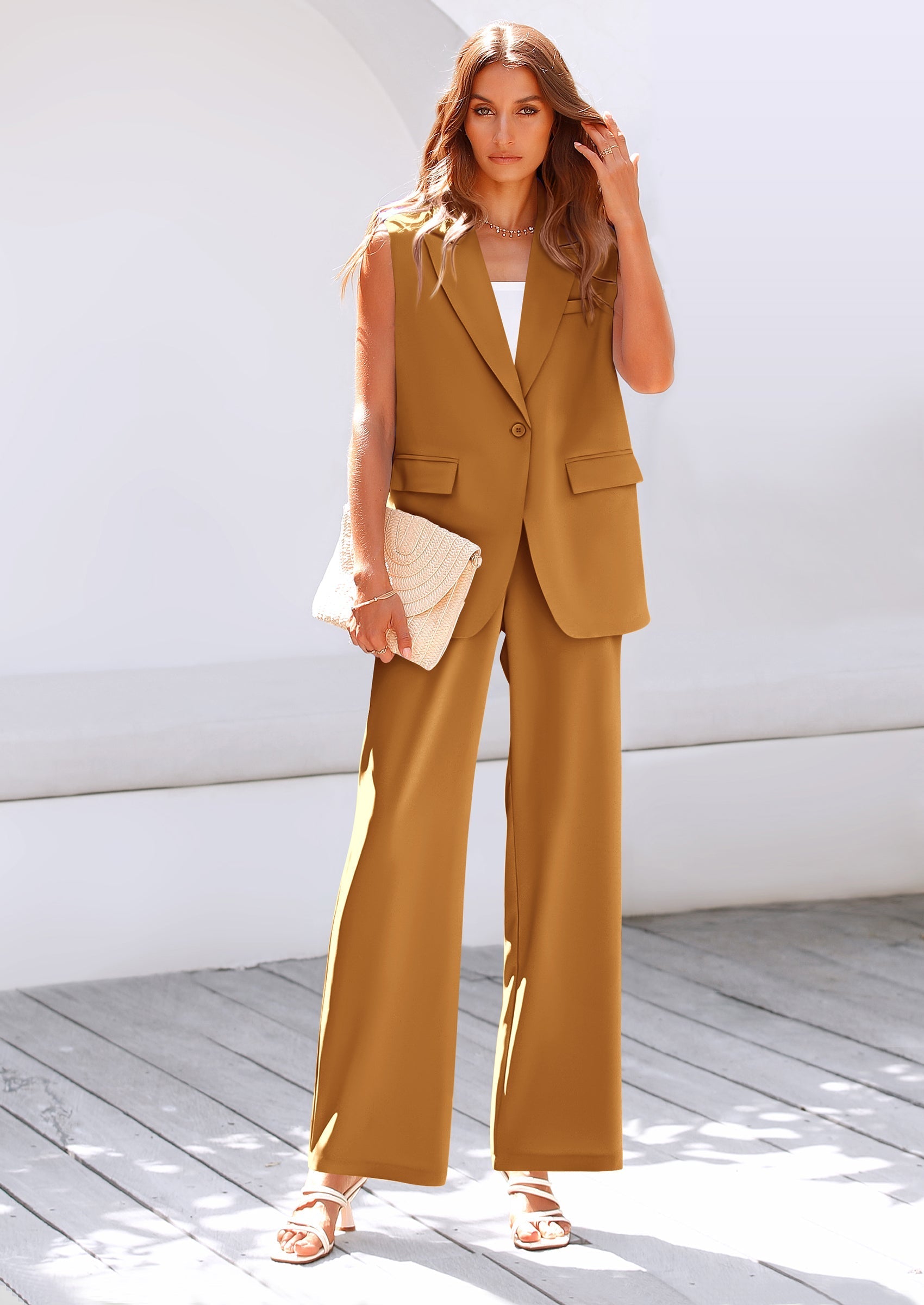 PRETTYGARDEN Women's 2 Piece Outfits Sleeveless Suit Vest and Wide Leg Pants Business Casual Blazer Sets