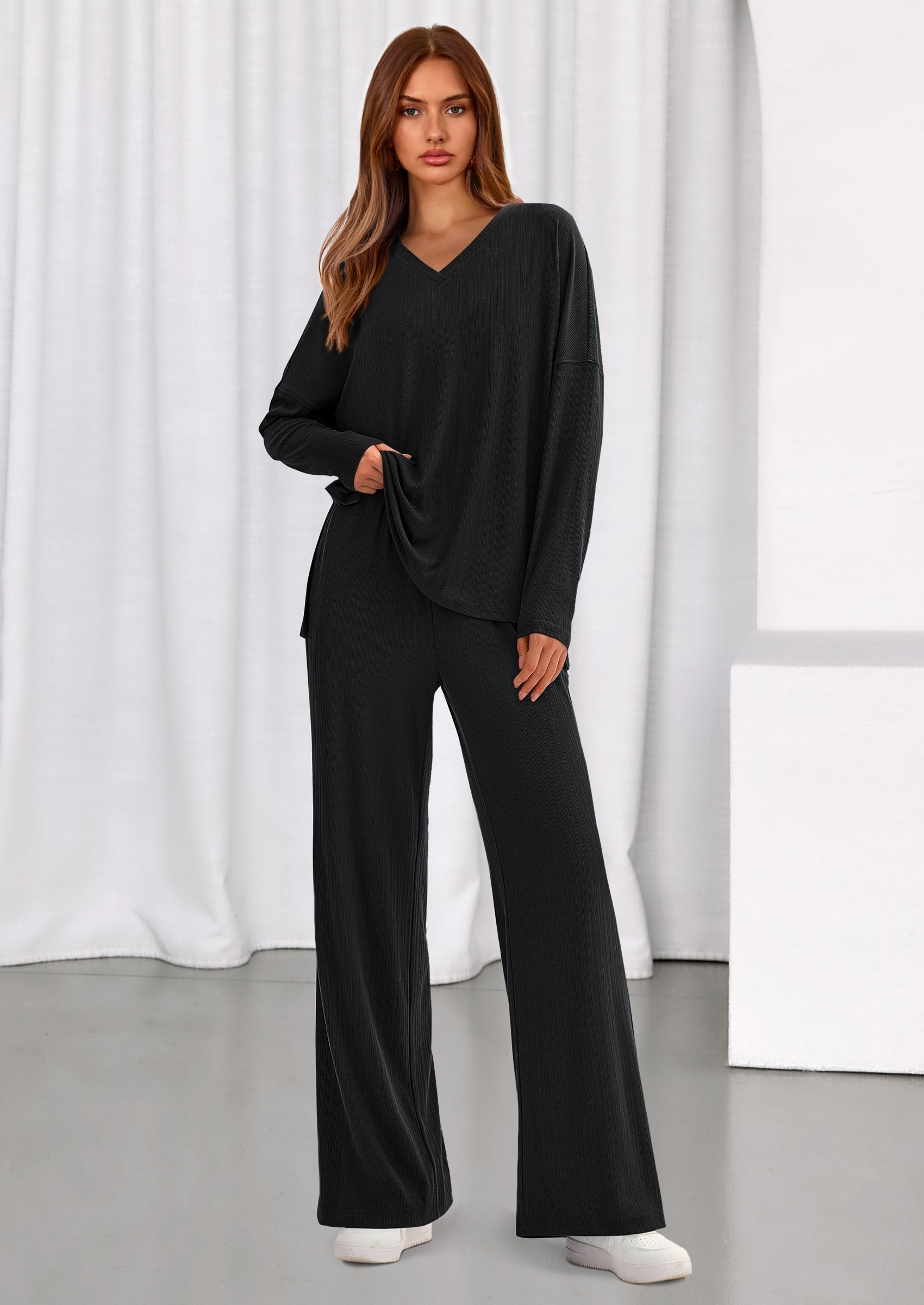 PRETTYGARDEN 2 Piece Lounge Sets for Women Fall Outfits Casual Loose Long Sleeve Tops Wide Leg Pants Matching Pajama Set