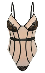 Nude Mesh Binding Detail Bodysuit in Nude