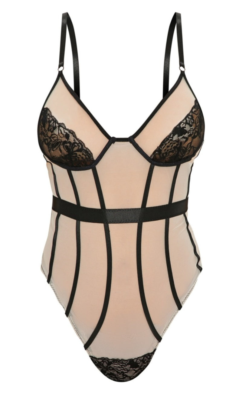 Nude Mesh Binding Detail Bodysuit in Nude