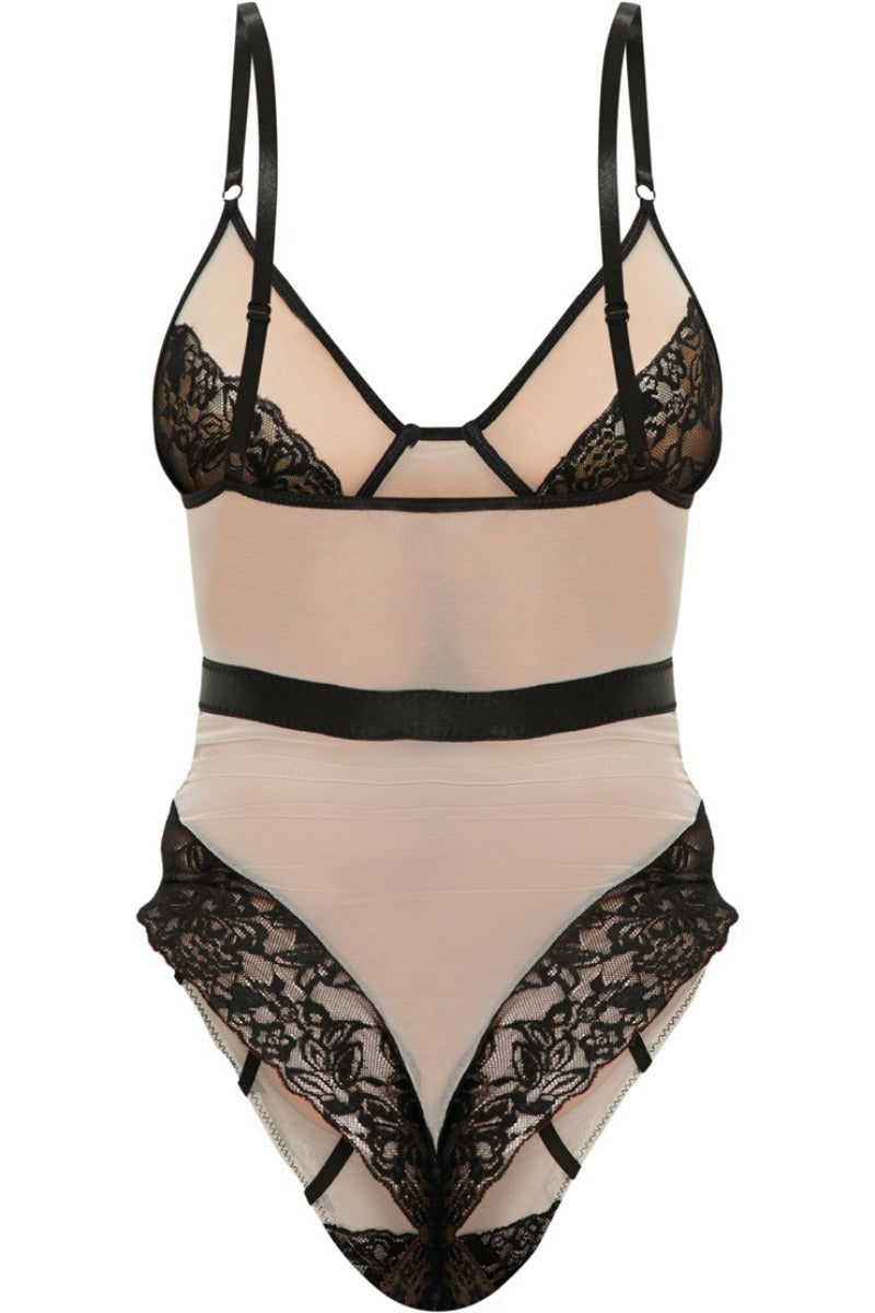 Nude Mesh Binding Detail Bodysuit in Nude