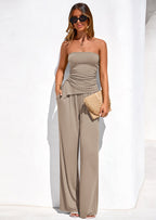 PRETTYGARDEN Summer Sets Women 2 Piece Outfits Asymmetrical Tube Tops and Pants Beach Vacation Airport Matching Lounge Set