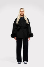 Women's Elegant Solid Color Waist Tie Fuzzy Cuff Wrap Coat, Premium Plush Long Sleeve Thermal Coat, Outerwear Jacket for Fall & Winter(CN/US)