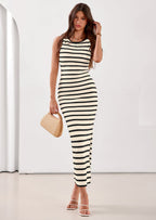 PRETTYGARDEN Sundresses for Women Summer Striped Knit Side Slit Spring Fashion Bodycon Maxi Dress Beach Vacation Clothes