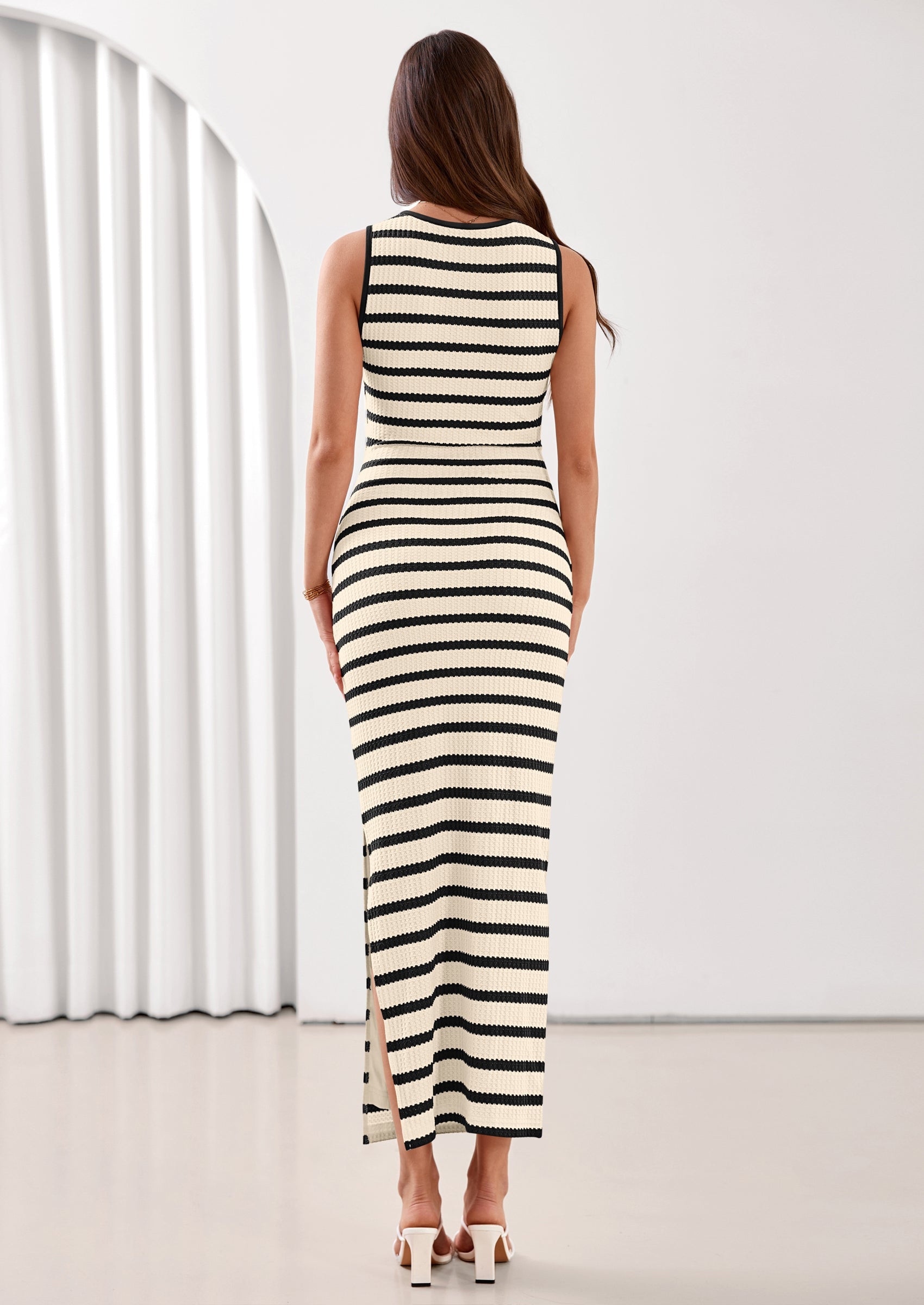 PRETTYGARDEN Sundresses for Women Summer Striped Knit Side Slit Spring Fashion Bodycon Maxi Dress Beach Vacation Clothes