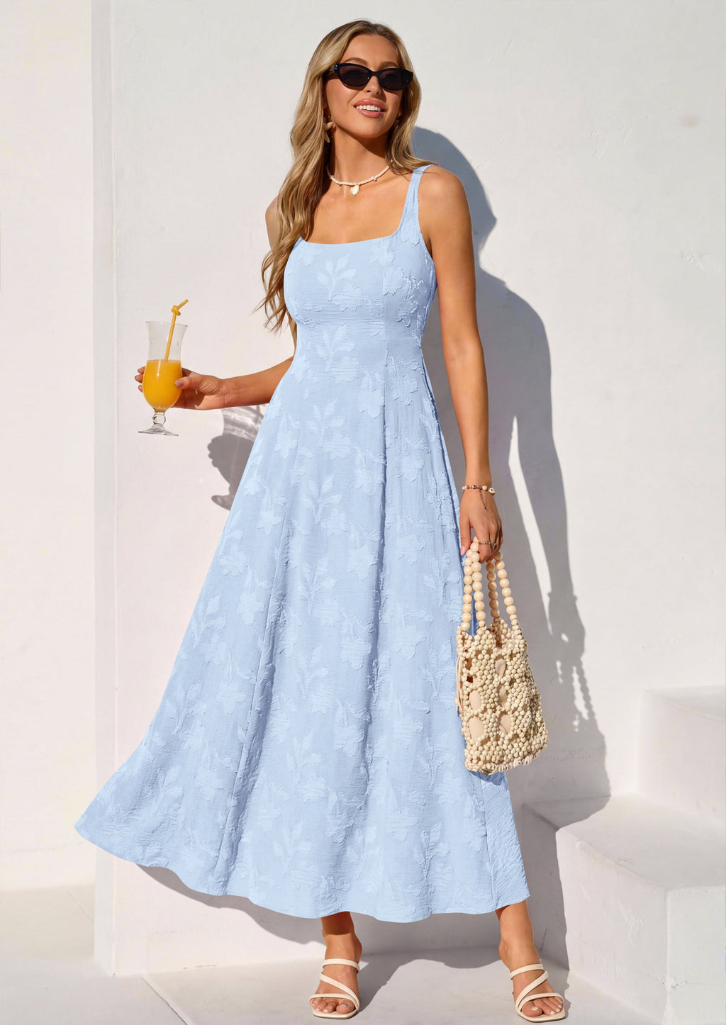 PRETTYGARDEN Womens Summer Maxi Dresses Casual Sleeveless Square Neck Jacquard Flowy Wedding Guest Beach Boho Long Dress