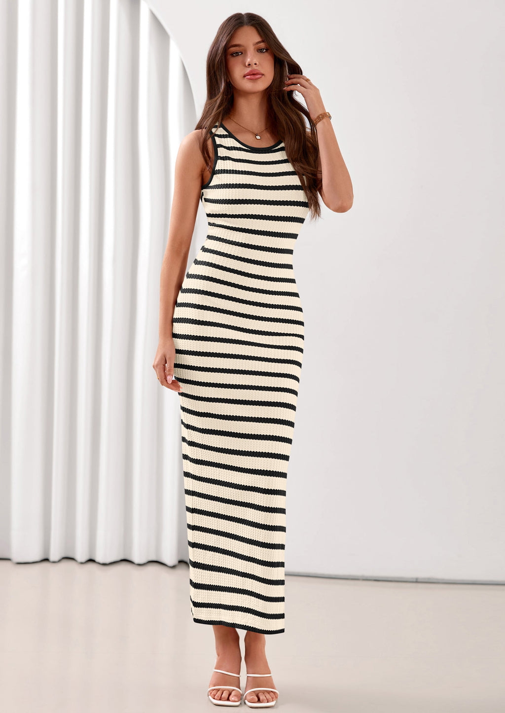 PRETTYGARDEN Sundresses for Women Summer Striped Knit Side Slit Spring Fashion Bodycon Maxi Dress Beach Vacation Clothes