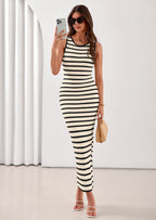 PRETTYGARDEN Sundresses for Women Summer Striped Knit Side Slit Spring Fashion Bodycon Maxi Dress Beach Vacation Clothes
