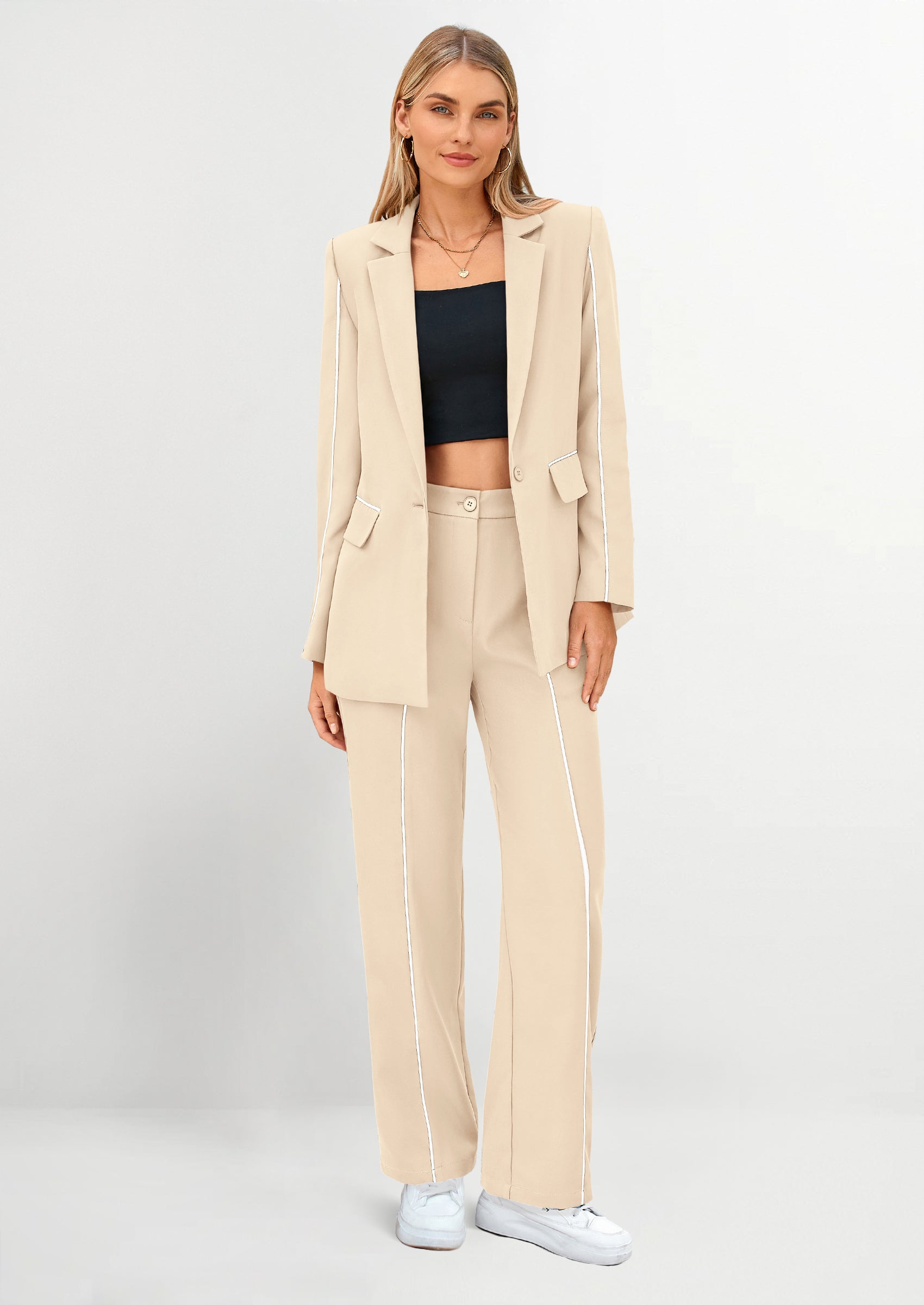 PRETTYGARDEN 2 Piece Blazer Outfits Business Casual Oversized Jacket Wide Leg Work Pants Dressy Suit Set