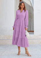 PRETTYGARDEN Women Fall Long Sleeve Smocked Maxi Dress Casual Square Neck Swiss Dot Tiered Ruffle Flowy Spring Pocket Dresses