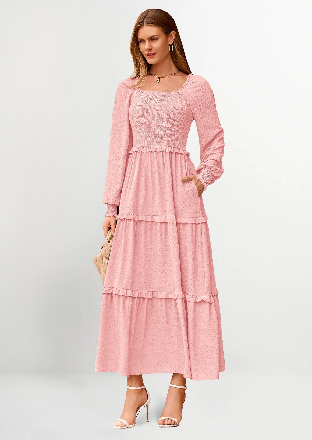 PRETTYGARDEN Women Fall Long Sleeve Smocked Maxi Dress Casual Square Neck Swiss Dot Tiered Ruffle Flowy Spring Pocket Dresses