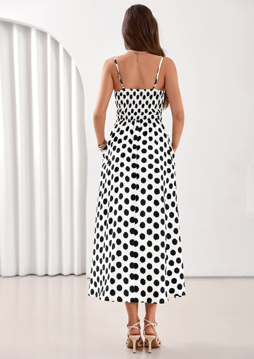 PRETTYGARDEN Womens Summer Dresses Spring Sleeveless Spaghetti Straps Casual Midi Dress Polka Dot Smocked Beach Sundress