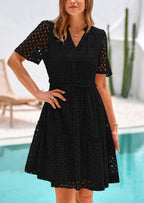 PRETTYGARDEN Women's Short Sleeve Mini Dress Summer V Neck Hollow Out Eyelet Ruffle A Line Swing Short Dresses