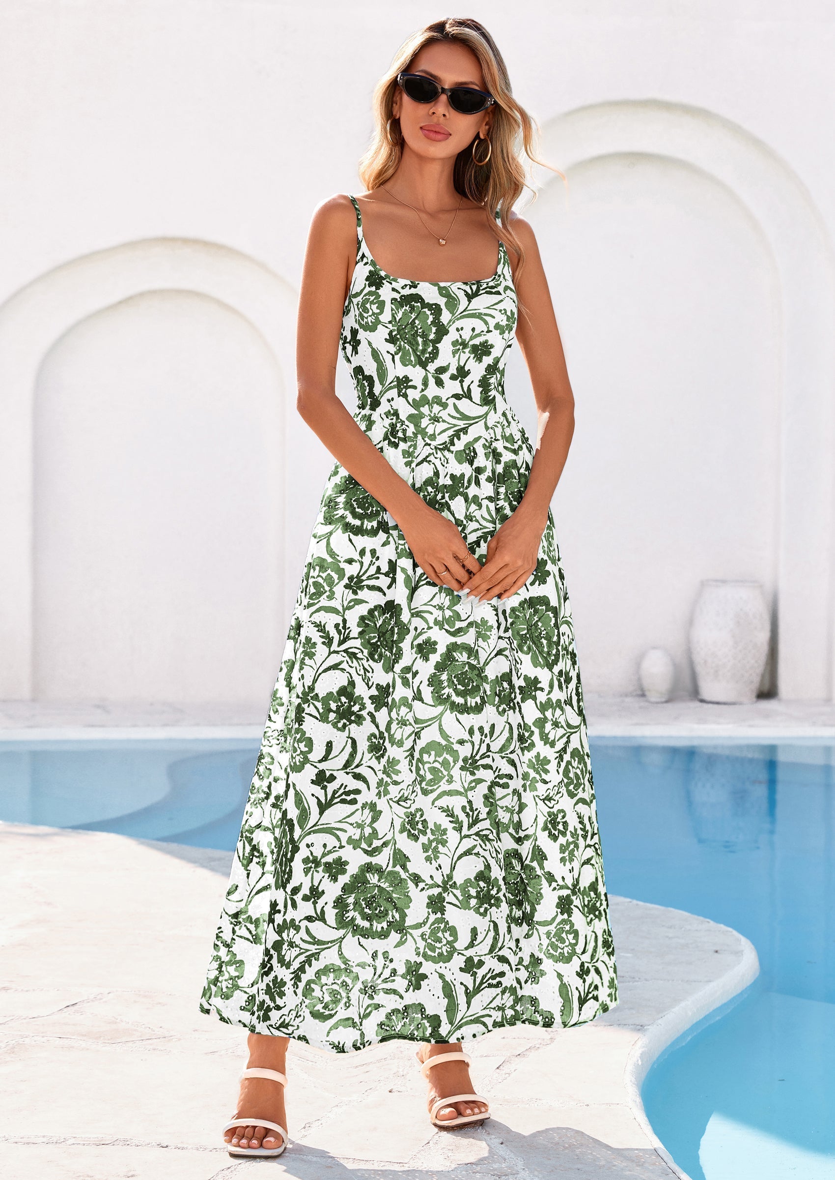 PRETTYGARDEN Womens Spring Boho Maxi Dress Eyelet Floral Long Flowy Sundresses Summer Beach Vacation Clothes