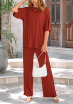 PRETTYGARDEN Women's 2 Piece Outfits Casual Short Sleeve Pullover Tops and Wide Leg Pants Lounge Sets Tracksuits